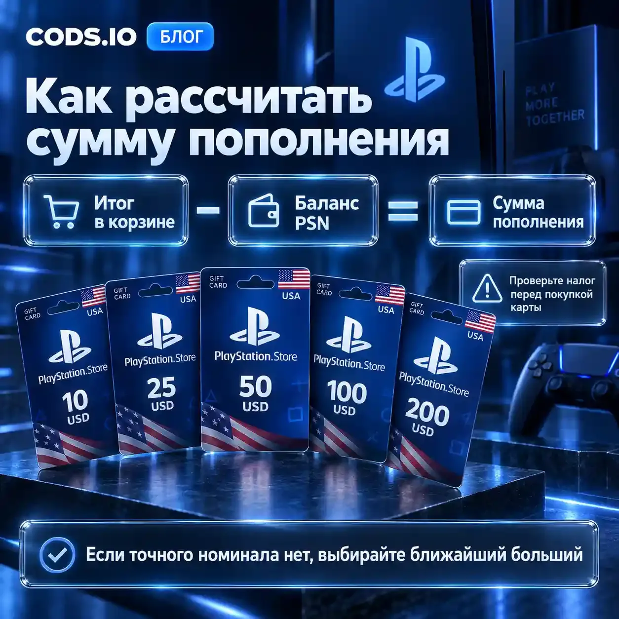 Расчет суммы и выбор номинала подарочной карты PlayStation США
